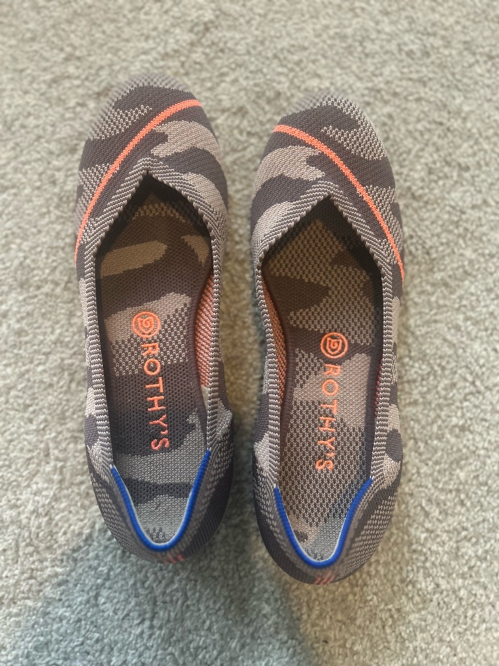 Rothy's Camo Knit Flats in Brown with Coral and Blue Accents